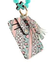 1pc Fashionable Leopard Print PU Leather Wallet, Silicone Bead Bracelet Wrist Chain Keychain, Accessory Mother's Day Gift - Multicolor - View 4