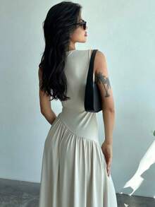 Vestido largo de mujer sin mangas, cuello redondo, cintura fruncida, unicolor, estilo minimalista - Albaricoque - Ver 4