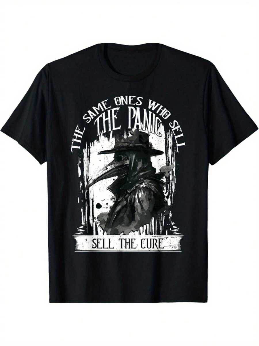Unisex T-Shirt Made Of Pure Cotton, Doctor T-Shirt Cotton Vintage Plague Doctor Plague Rat Graphic Tee - Black With White Panic Selling The " Print", Casual Fit Short Sleeve Shirt For Fans Of TV Show & Video Games, Summer T-Shirt, Blouse, Basic Tops, Tops, T-Shirt, Creative Design, Outdoor Playing, Cool Style, Fun Design, Great For Outdoor Playing, Creative Design, Outdoor Playing, Cool Style, Fun Design, Great For Outdoor Playing - Black - View 1