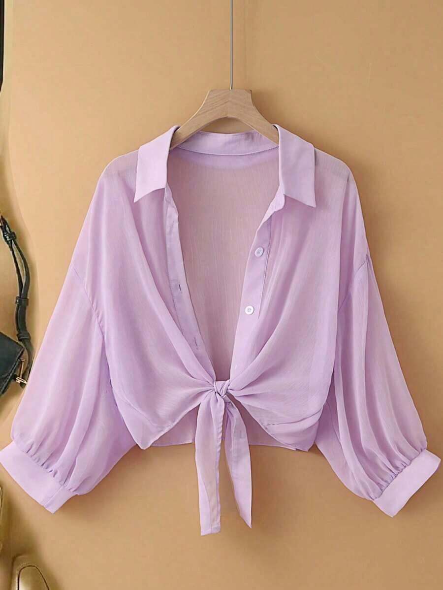 Nueva blusa de gasa de unicolor con chal corto casual de estilo de alas de murciélago para mujeres - Morado - Ver 1
