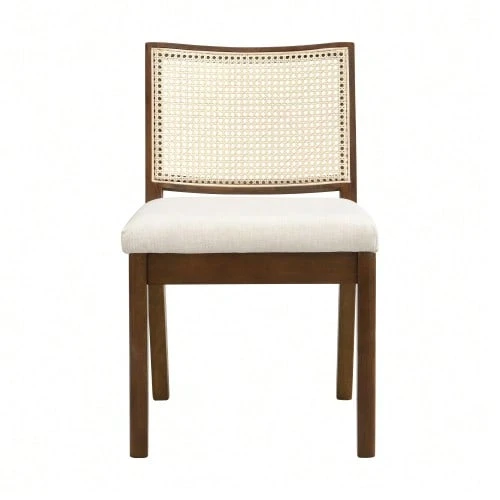 4 Solid Wood Dining Chairs With Rattan Backrests, Comfortable And Breathable, Ideal For Dining Rooms, Living Rooms, Cafes, Modern Style, Linen, Walnut - 卡其色 - 查看 1