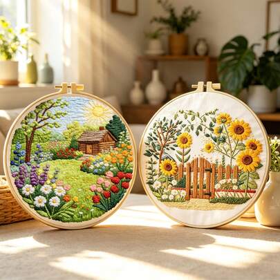 2 Bộ dụng cụ thêu phong cảnh nông thôn, tranh thêu thủ công tự làm chủ đề nhà tranh/vườn hoa hướng dương, đồ trang trí nhà cửa mang lại cảm giác tươi mới và thư thái.