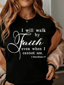 Women's Clothing: I Will Walk By Faith Even When I Cannot See. Christian T-Shirt With Bible Verse 1 Corinthians 57. Inspirational Faith T-Shirt For Women And Men. Religious-Themed T-Shirts Are Suitable For Everyday Wear And Religious Activities. Women's Shirts - 黑色 - 查看 6