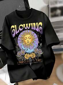 Women's 100% Cotton Black T-Shirt With Creative Graphic Print Of Sun And Moon, Colorful Bohemian-Style Flowers, Round Neck, Short Sleeves, Casual And Comfortable For Spring And Summer - 黑色 - 查看 1