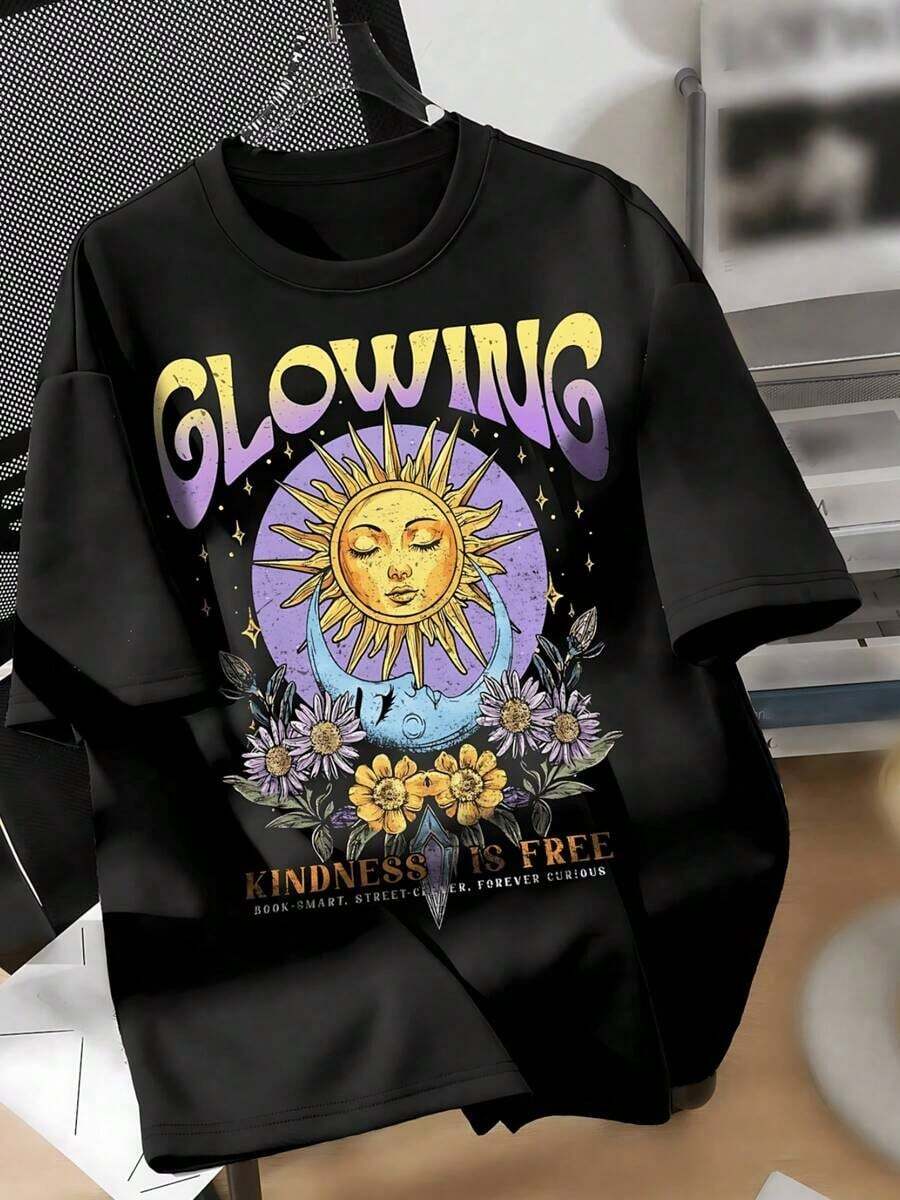Women's 100% Cotton Black T-Shirt With Creative Graphic Print Of Sun And Moon, Colorful Bohemian-Style Flowers, Round Neck, Short Sleeves, Casual And Comfortable For Spring And Summer - 黑色 - 查看 1