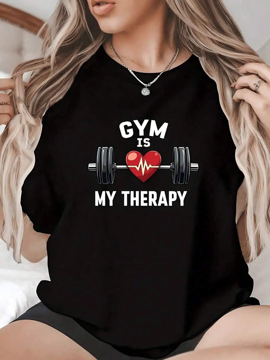 Camiseta gráfica "Gym is My Therapy" para mujer, camiseta con estampado de motivación para hacer ejercicio, ropa deportiva informal, cómoda camiseta de manga corta, perfecta para amantes del gimnasio y un estilo de vida activo, ropa de uso diario, idea de regalo elegante. - Negro - Ver 1