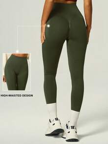 UONNOU Quần legging nữ cạp cao không đường may, siêu mềm mại và co giãn, thích hợp cho mùa xuân/hè. - xanh quân đội - Xem 1