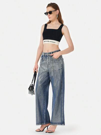 Rich Radi Q's Black Knit Cropped Tank Top, Square Neckline Design, Branded Tape Trim, Casual Summer Vest