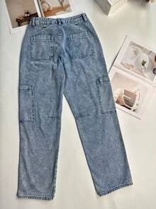 Women's Casual Straight-Leg Jeans, Drawstring Design, Long Length, Non-Stretch Fabric, Suitable For Daily Wear - Blue - View 6