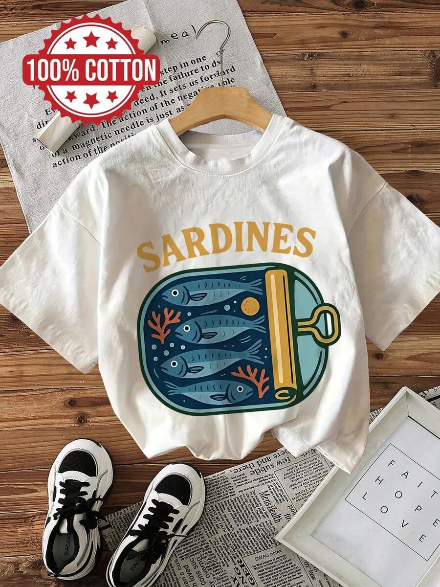 Top casual de verano para mujer, estilo vintage, estampado de sardinas enlatadas, cuello redondo, camiseta de manga corta - Estilo callejero vintage, camiseta unisex de algodón suelto de manga corta con cuello redondo, blusas para mujer. blusas.blusas casuales para dama. - Blanco - Ver 1