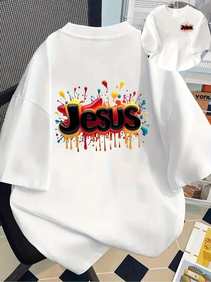 New 180g Cotton T-Shirt With Double-Sided Jesus Print And Religious Motifs. This Fashionable Men's T-Shirt Is Suitable For Lounging At Home, Casual Everyday Wear, And Sports. A Popular New Style, A Must-Have For Men, With Front And Back Panels – Perfect For Layering In Spring And Autumn, And Wearing Alone In Summer. Unisex. - 白色 - 查看 1
