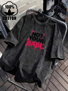 Vintage Washed Cotton T-Shirt Non-Yi-Zhi-Bao - Large Size Loose Fit Short Sleeve T-Shirt With Iconic Print, Machine Washable Streetwear, Suitable For Casual Wear, Everyday Wear And Layering. - 黑色 - 查看 1