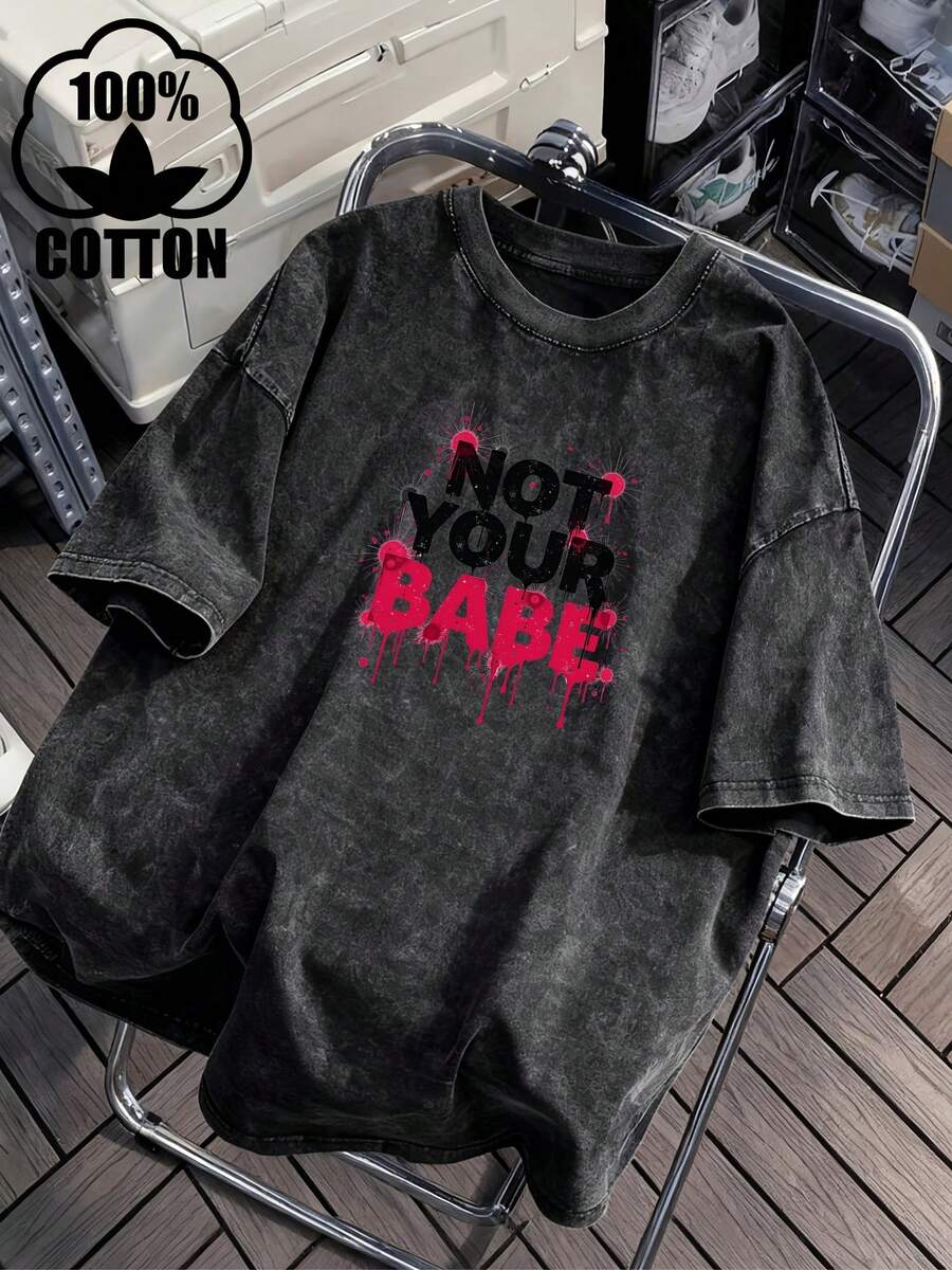 Vintage Washed Cotton T-Shirt Non-Yi-Zhi-Bao - Large Size Loose Fit Short Sleeve T-Shirt With Iconic Print, Machine Washable Streetwear, Suitable For Casual Wear, Everyday Wear And Layering. - 黑色 - 查看 1
