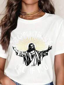 Camiseta Blanca de Corte Holgado con Estampado Gráfico de Jesús Cristo con Halo Radiante y Frases de Desilusión, para Uso Casual Diario de Mujeres |     Fe cristiana |     Versículos bíblicos/Huellas de Jesús |     Algodón puro, suave y transpirable |     Para uso diario/En la iglesia |     Preferido por creyentes y como regalo - Blanco - Ver 7