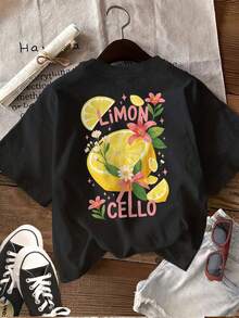 Top casual de moda premium para mujer con estampado de doble cara, adecuado para primavera y verano, con un diseño floral de limones frescos, cuello redondo, camiseta de manga corta, ecológico. - Negro - Ver 3