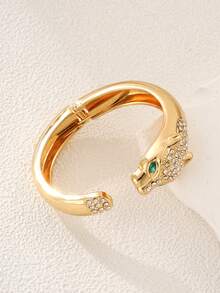 1pc Sexy Rhinestone Inlaid Fashionable Luxury Animal Snake & Leopard Spring Bangle Bracelet For Women, Suitable For Party, Gathering, Outing, Dating, Attending Events, Music Festivals, Bars, Photo Shoots, Gift For Friends And Family - Gold - View 4