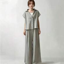 Women's Pantsuit Set: Blouse (Short Sleeve), Straight Pants, Wide Pants, Long Pants, T-Shirt, 2-Piece Set, Casual Wear, Plain, Simple, Cute, Summer - 灰色 - 查看 2