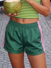 Women's Casual Shorts Side Stripe Print Elastic Waist Loose Workout Short Pants - Green - View 5