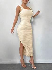 Vestido de graduación; Vestido ajustado de malla con superposición fruncida y abertura en el muslo, vestidos en tonos pastel para mujeres - Caqui - Ver 5