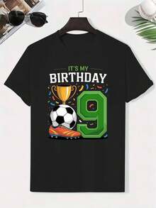 Camiseta Casual Unisex de Manga Corta para Hombres y Mujeres, Camiseta de Fútbol Cómoda y Transpirable para el 9º Cumpleaños de Niños con Diseño de Trofeo y Confeti, Camiseta Casual de Verano para Niños, Ligera y Transpirable de Manga Corta con Cuello Redondo, Camiseta Deportiva Juvenil con Diseño Divertido, Ajuste Cómodo Men002 - Negro - Ver 6