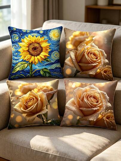 4 Packungen Van Gogh Sternennacht Sonnenblume & Goldene Rose Kissenbezüge, 3D HD Muster Kunst Blumen Dekorative Kissenhülle, romantisches ästhetisches Blumenmuster Kissenbezug für Inneneinrichtung Zuhause Büro Hotel, ohne Kissenfüllungen
