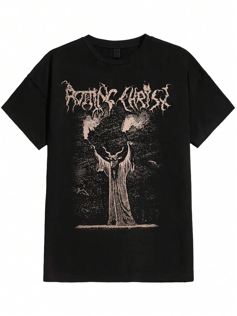 Breathable Short-Sleeve T-Shirt With A Rotting Christ - Gloria De Domino Inferni Print - Perfect For Parties And Casual Wear. These Party Shirts Are Made From Comfortable, Breathable Materials. A Casual Summer Style, This Short-Sleeve T-Shirt Is Suitable For Lounging At Home, Everyday Wear, Parties, And Travel-A Perfect Gift For Friends Or Family. - 黑色 - 查看 1