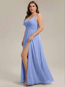 EVERPRETTY Plus Size Women's Chiffon V-Neck Slit High Waist Long Formal Evening Gown Elegant Wedding Bridesmaid Dress Summer Wedding Guest Dress Party - Dusty Blue - View 3