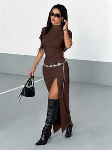 AITYI Studio Women's Slit Dress, Summer Casual Brown Bodycon Ruched Design, Elegant,Ins,Beach,Vacation,Going Out,Back To School,Fall,Halloween - Dark Brown - View 2