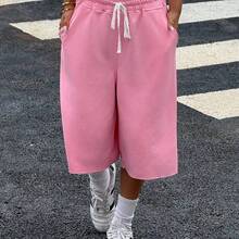Muchic New Autumn Styles For Women Pink Knitted Wide-Leg Bermuda Shorts, Solid Color, Simple And Casual Everyday Wear, Suitable For Daily Street Wear - Rosa Pálido - Ver 2