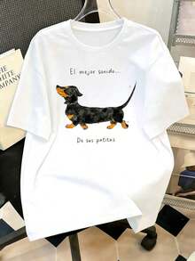 Camiseta para Mujer con Estampado Único de Perro, Cuello Redondo, Manga Corta, Diseño Casual - Negro - Ver 9