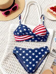 Women's American Flag Print Push-Up Bikini Set, 4th Of July Independence Day Halter Two-Piece Swimsuit For Beach Pool Party - Navy Blue - View 2