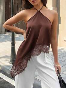 Camiseta de tirantes finos y sin mangas casual y sexy para mujer, camisola de satén con bajo asimétrico de malla, adecuada para citas nocturnas, vacaciones, despedidas de soltero y fiestas de cumpleaños en verano - Marrón - Ver 9