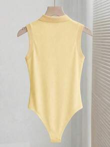 Elegante body de punto blanco con cuello vuelto y media cremallera, body de mujer para primavera/verano, ideal para vacaciones y playa - Amarillo - Ver 2
