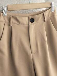 Pantalones casuales sueltos con bolsillos plisados de unicolor para mujer - Camel - Ver 3
