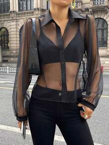 Blusa transparente de malla y gasa de manga corta minimalista para mujer, de estilo casual de negocios - Negro 3 - Ver 3