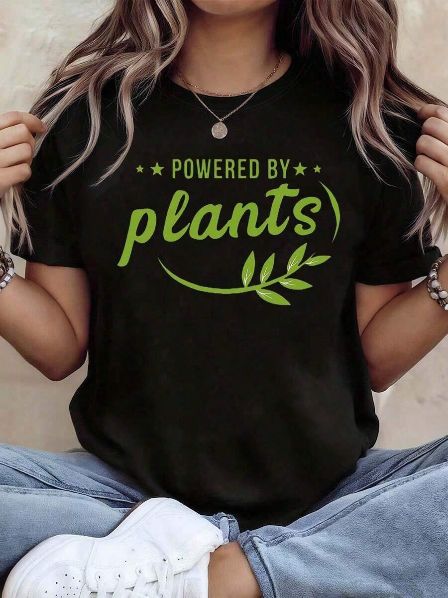 Premium Unisex Casual T-Shirts With "POWERED BY Plants" Print And Vegetarian Statement, Women's T-Shirt, Everyday Urban Style, Cool And Relaxed Style, Short Sleeve, Urban Style T-Shirt For Everyday Wear - Unisex Cotton Loose Fit T-Shirt, Comfortable And Vintage Urban Style. - 黑色 - 查看 1