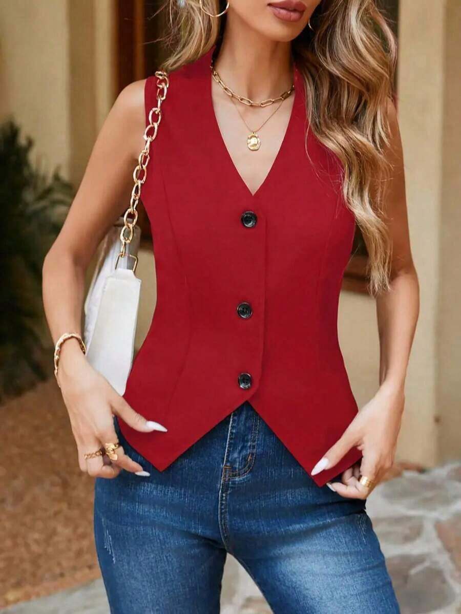 Chaleco sin mangas liso para mujer, top de tirantes minimalista de uso casual diario, negro de verano - Rojo - Ver 1