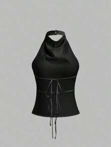 Camiseta sin espalda con lazo, de satén de unicolor, con drapeado halter elegante - Negro - Ver 2