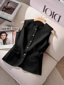 Camisa sin mangas de unicolor y estilo minimalista con botones para mujer - Negro - Ver 5