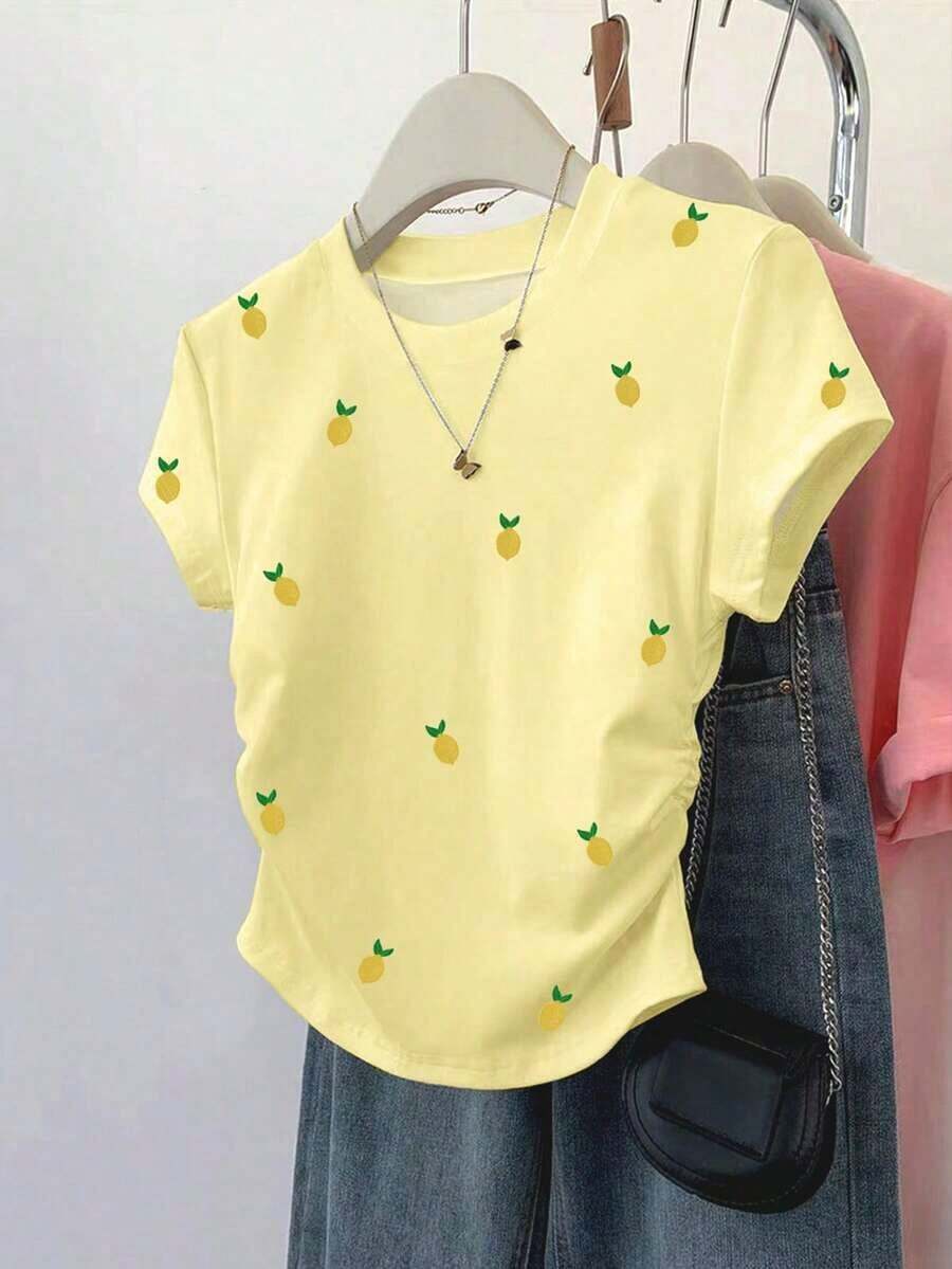 lanzamiento de verano, top corto versátil y casual con estampado de limón dulce, camiseta ajustada a la cintura para mujer, diseño cómodo, adecuado para uso diario, al aire libre, compras - Amarillo - Ver 1