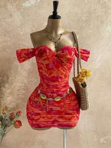Vestido mini ajustado de punto con escote de hombros descubiertos, para vacaciones - Multicolor 2 - Ver 6