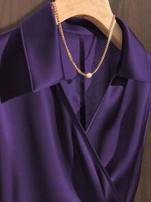 Camisa de mujer con estampado de flores silvestres, cuello, sin mangas, con lazo en la cintura - Morado - Ver 4