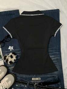 Camiseta casual de mujer con ribete de contraste y cintura fruncida, para verano - Negro - Ver 2