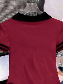 Camiseta de mujer casual de manga corta con cuello polo, estampado de caballero a rayas y contraste de color - Rojo - Ver 6