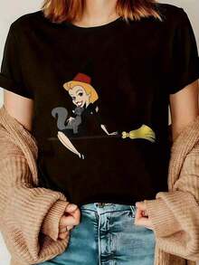 Y2K Women's Elegant Style T-Shirt With Witch Print, Short Sleeve, Round Neck, Casual Top For All Seasons | Fashionable Casual Wear |  Letter Print - 黑色 - 查看 2
