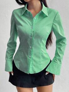 Camisa de manga larga casual a rayas que ciñe la cintura, apta para primavera/verano/otoño, tops de manga larga - Verde - Ver 1