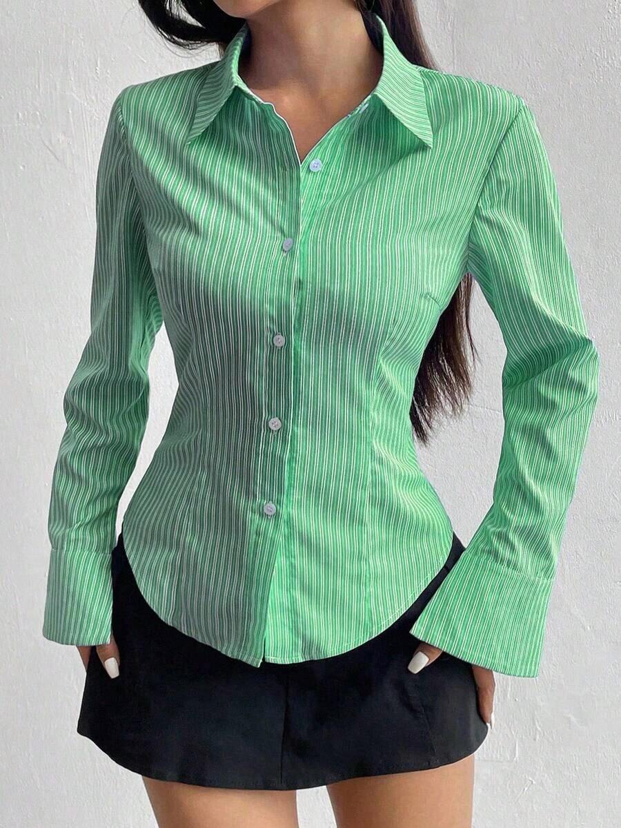 Camisa de manga larga casual a rayas que ciñe la cintura, apta para primavera/verano/otoño, tops de manga larga - Verde - Ver 1