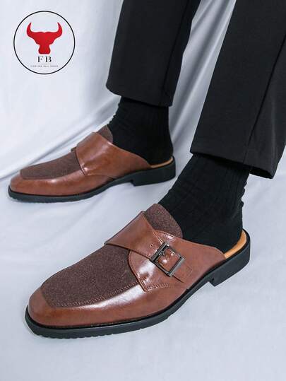 GEDOUGONGNIU Mocasines de dos tonos con hebilla de monje para hombres Ghting Bull, sandalias planas de cuero y ante sin respaldo, deslizables, zapatos casuales y de vestir para interiores y exteriores