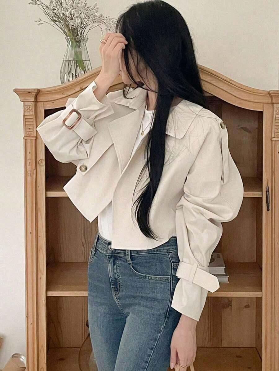 Abrigo casual de trinchera de unicolor con botones delanteros y manga larga, ropa de otoño para mujer - Albaricoque - Ver 1