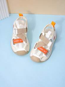 Sandalias funcionales para niños, malla transpirable con , patchwork negro y blanco, zapatos para exteriores resistentes y antideslizantes para la playa para niños, múltiples colores, malla transpirable, ligeros, fácil de poner y quitar, cómodos con acolchado, punta redonda, bajo, correa trasera, suela gruesa, adecuados para verano, playa, vacaciones - Beis - Ver 7